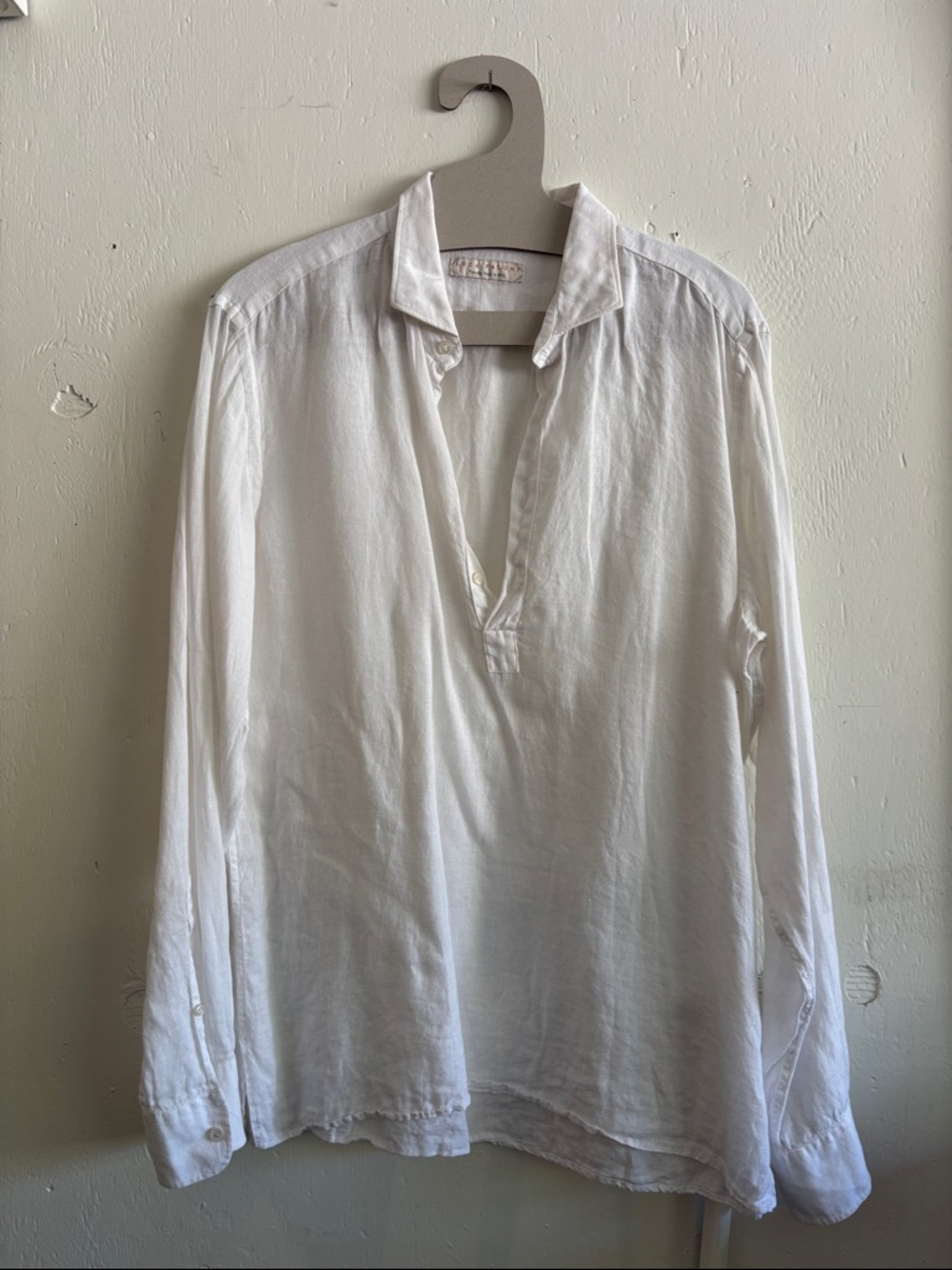 Men's White Long-Sleeve linen Casual Button-Down Henley